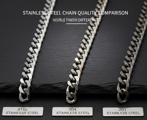 316L vs 304 vs 201 stainless steel jewelry comparison chain quality finish differences